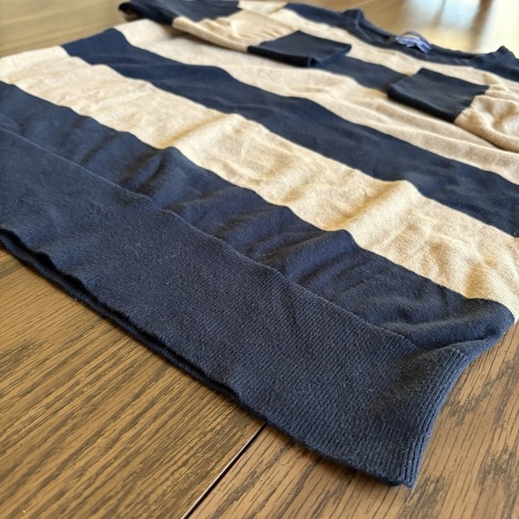Lands' End Supima Cotton Sweater Women's L/P 14-16 Navy Tan Stripe 3/4 Sleeve - Picture 3 of 10